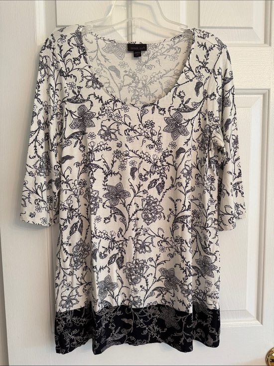 J. Jill Tops - J. Jill Cream Tunic with Black Floral Border